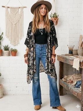 ANGIE Black Floral Open Front Kimono Duster Cardigan Rayon Size Large Bohemian